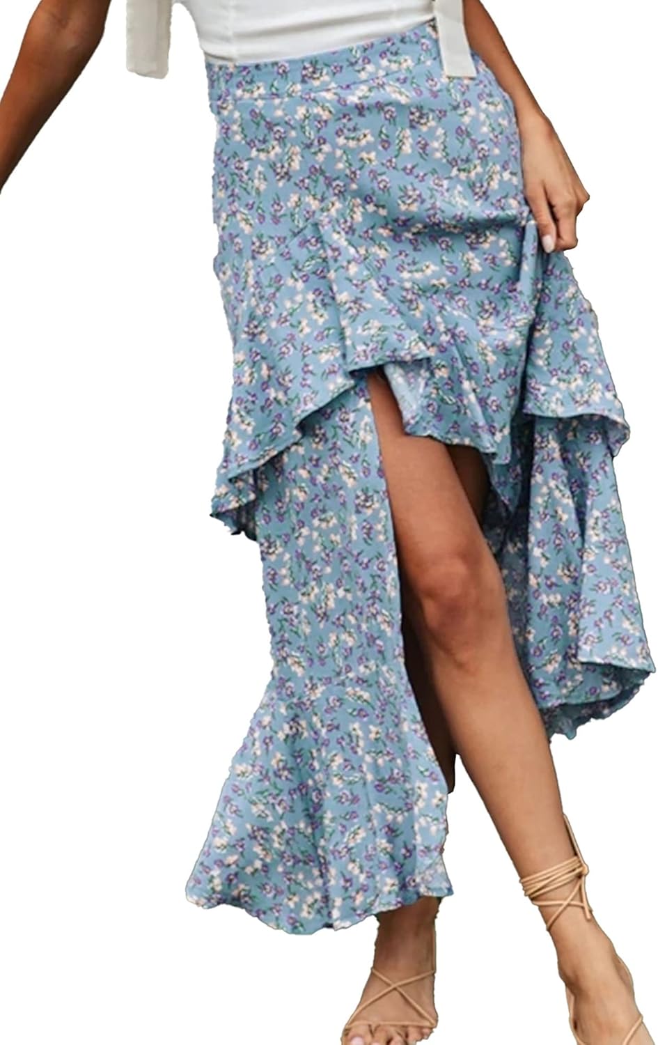 BTFBM Women 2025 Summer Fall Boho Long Skirts Dress Floral Print Elastic Waist Split Ruffle High Low Beach Maxi Skirt