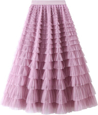 Dirholl Women's A-Line Fairy Patterned Elastic Waist Ruffle Mesh Layered Midi Skirt