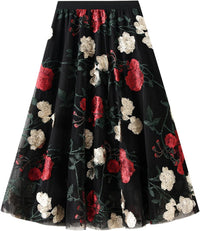 Dirholl Women's A-Line Fairy Patterned Elastic Waist Ruffle Mesh Layered Midi Skirt