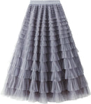 Dirholl Women's A-Line Fairy Patterned Elastic Waist Ruffle Mesh Layered Midi Skirt