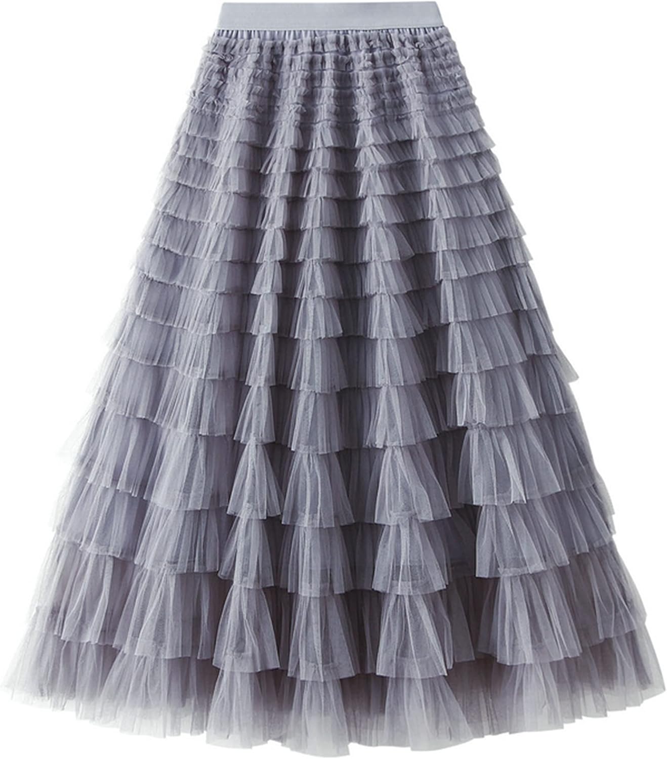 Dirholl Women's A-Line Fairy Patterned Elastic Waist Ruffle Mesh Layered Midi Skirt