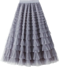 Dirholl Women's A-Line Fairy Patterned Elastic Waist Ruffle Mesh Layered Midi Skirt
