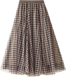 Dirholl Women's A-Line Fairy Patterned Elastic Waist Ruffle Mesh Layered Midi Skirt