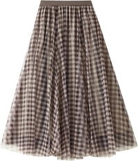 Dirholl Women's A-Line Fairy Patterned Elastic Waist Ruffle Mesh Layered Midi Skirt
