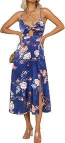 Fashionme Women Spaghetti Strap Midi Satin Dresses Tie Front Backless Split Hollow Dress