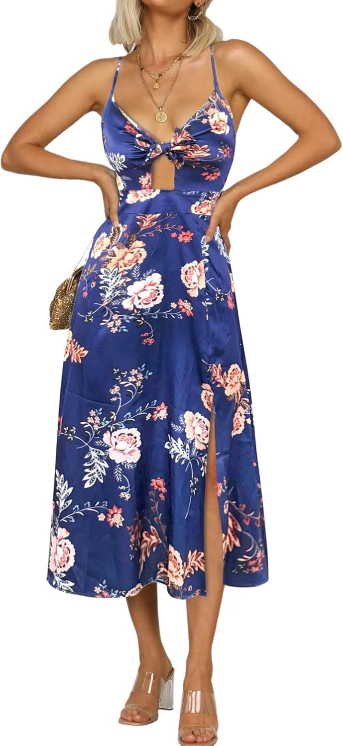 Fashionme Women Spaghetti Strap Midi Satin Dresses Tie Front Backless Split Hollow Dress