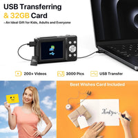 FHD 1080P Digital Camera for Kids with 32GB SD Card - Compact Point and Shoot Camera with 16X Zoom, Anti Shake, Portable, Perfect for Teens, Boys, Girls, Seniors - Best Wishes Card