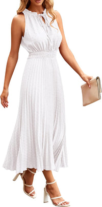 PRETTYGARDEN Women's Midi Summer Dresses Casual V Neck Swiss Dot Ruffle Sleeveless A Line Beach Sun Dress