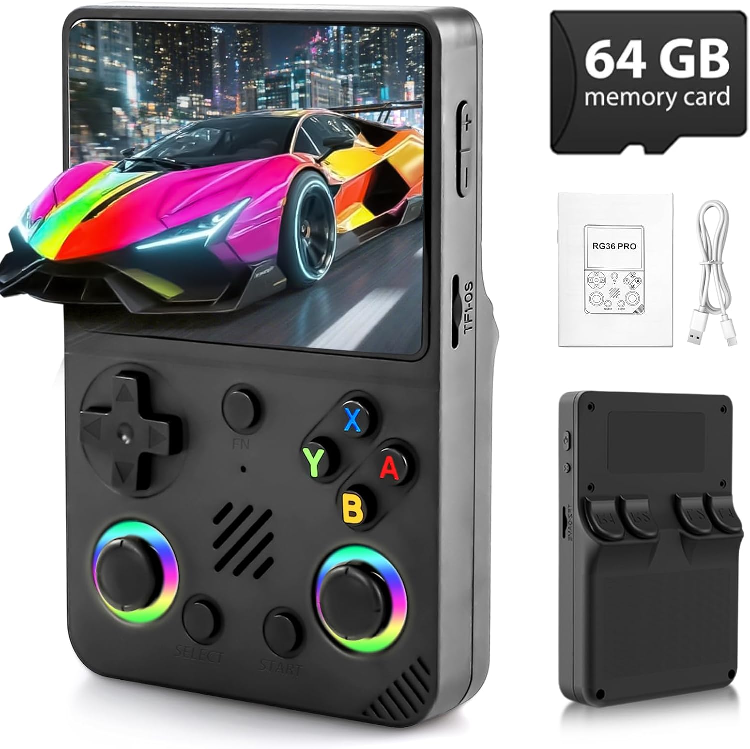 RG36PRO Retro Handheld Game Console - with Open Source System,3.5" IPS Screen,Support 30,000+ Classic Games,64G TF Card, Portable Gaming Player for Travel,Gift for Teen or Partner -Black
