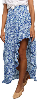 BTFBM Women 2025 Summer Fall Boho Long Skirts Dress Floral Print Elastic Waist Split Ruffle High Low Beach Maxi Skirt