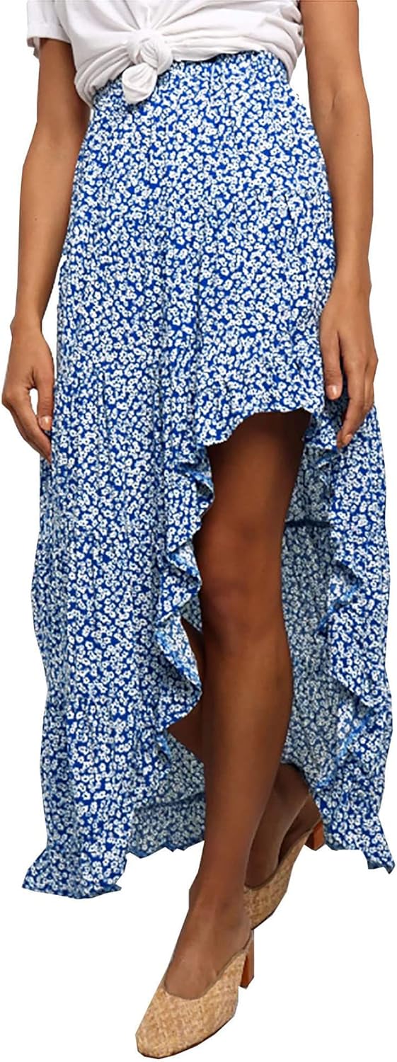 BTFBM Women 2025 Summer Fall Boho Long Skirts Dress Floral Print Elastic Waist Split Ruffle High Low Beach Maxi Skirt