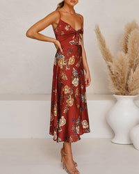 Fashionme Women Spaghetti Strap Midi Satin Dresses Tie Front Backless Split Hollow Dress