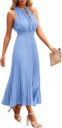 PRETTYGARDEN Women's Midi Summer Dresses Casual V Neck Swiss Dot Ruffle Sleeveless A Line Beach Sun Dress