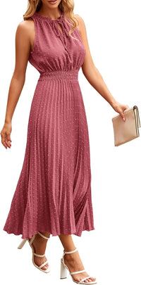 PRETTYGARDEN Women's Midi Summer Dresses Casual V Neck Swiss Dot Ruffle Sleeveless A Line Beach Sun Dress