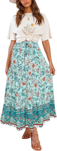 ZESICA Women's 2025 Summer Bohemian Floral Printed Elastic Waist A Line Maxi Skirt with Pockets