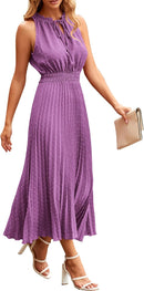PRETTYGARDEN Women's Midi Summer Dresses Casual V Neck Swiss Dot Ruffle Sleeveless A Line Beach Sun Dress