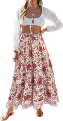 ZESICA Women's 2025 Summer Bohemian Floral Printed Elastic Waist A Line Maxi Skirt with Pockets