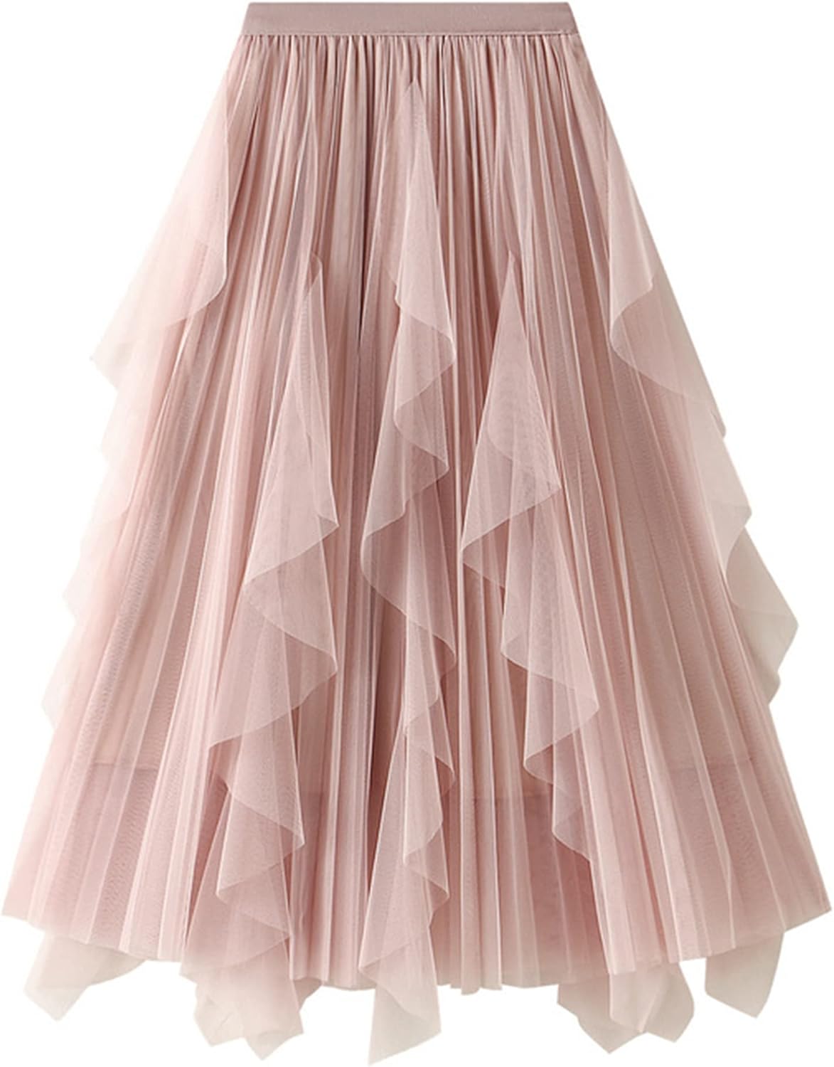 Dirholl Women's A-Line Fairy Patterned Elastic Waist Ruffle Mesh Layered Midi Skirt