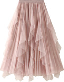 Dirholl Women's A-Line Fairy Patterned Elastic Waist Ruffle Mesh Layered Midi Skirt