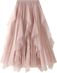 Dirholl Women's A-Line Fairy Patterned Elastic Waist Ruffle Mesh Layered Midi Skirt