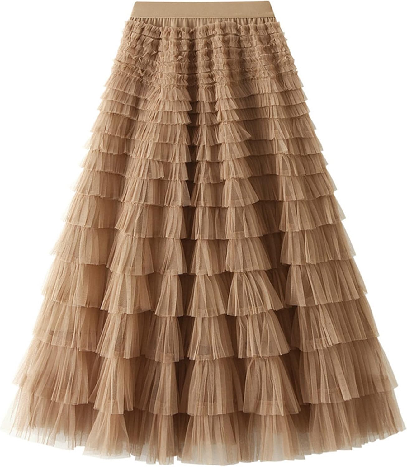 Dirholl Women's A-Line Fairy Patterned Elastic Waist Ruffle Mesh Layered Midi Skirt