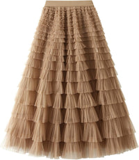 Dirholl Women's A-Line Fairy Patterned Elastic Waist Ruffle Mesh Layered Midi Skirt