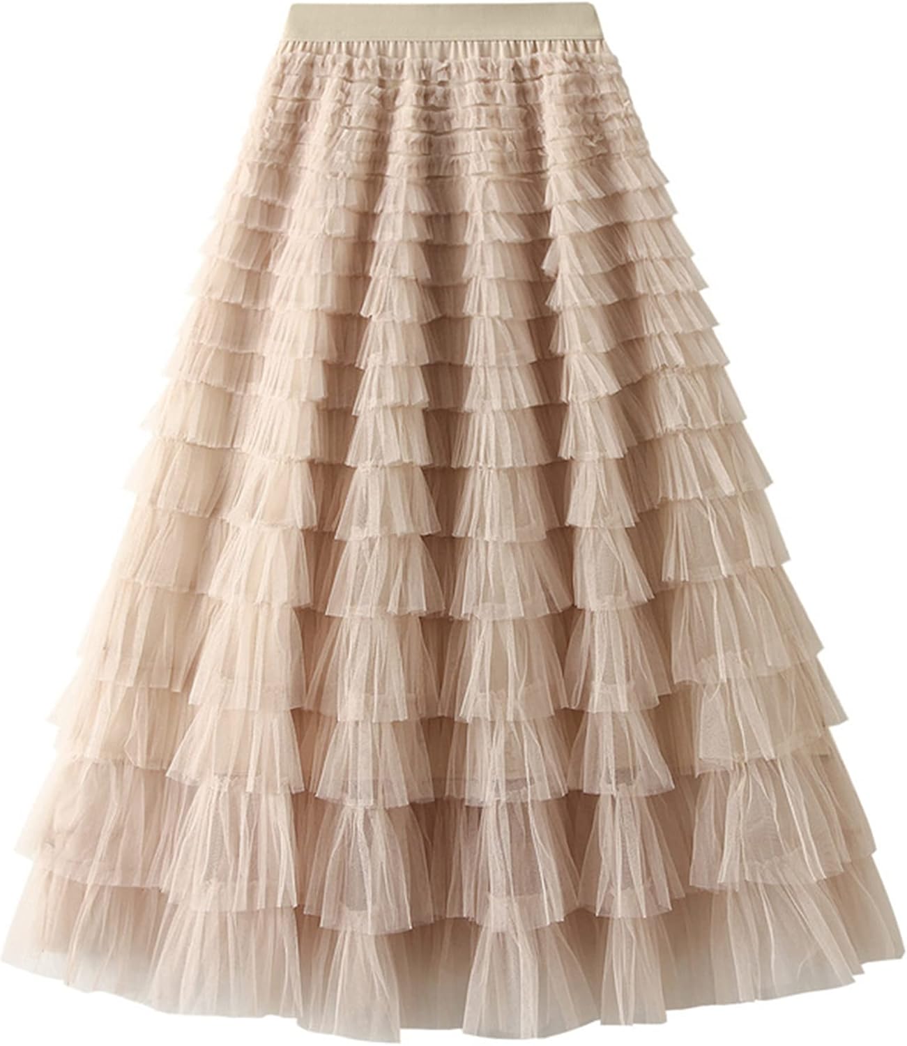 Dirholl Women's A-Line Fairy Patterned Elastic Waist Ruffle Mesh Layered Midi Skirt