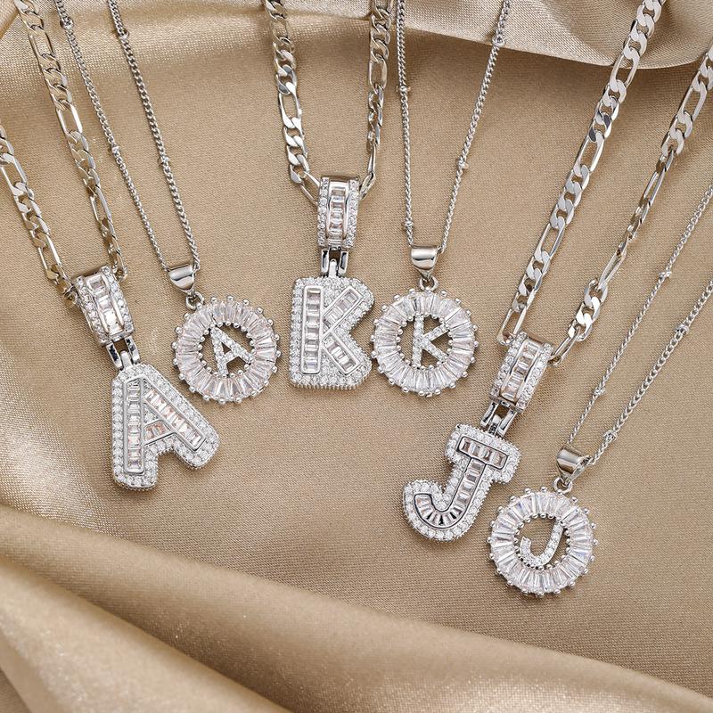 [LeBijouLab] 2 Pieces Initial Letter Necklace Set with Zirconia Stones, Golden & Silver Bubble Initial Necklaces for Women, Birthday Gifts Anniversary Gift Initial Letter Alphabet Necklace