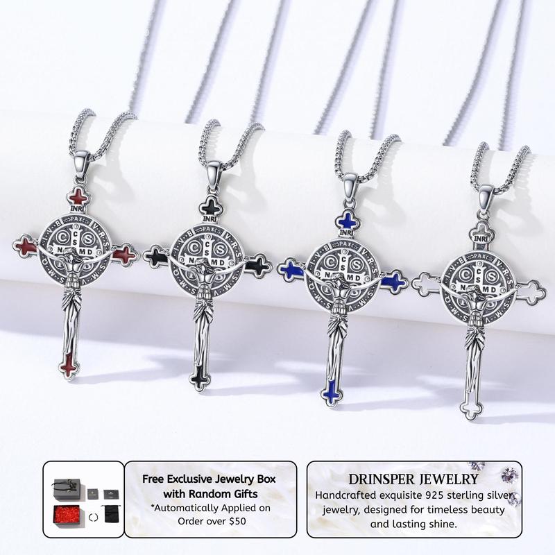 DRINSPER Saint Benedict Cross Necklace 925 Sterling Silver San Benito Pendant Necklace, Pardon Crucifix Necklace, Religious Jewelry for Men Women