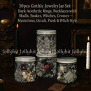 Gothic Witch Mystery Jewelry Jar Set – Halloween jewelry gift，spookyseason，Dark Aesthetic Rings,fallaesthetic Necklaces & occult Earrings with Skulls, Snakes, Witches, Crosses – Punk, Occult, & creepy pasta Style