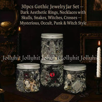 Gothic Witch Mystery Jewelry Jar Set – Halloween jewelry gift，spookyseason，Dark Aesthetic Rings,fallaesthetic Necklaces & occult Earrings with Skulls, Snakes, Witches, Crosses – Punk, Occult, & creepy pasta Style