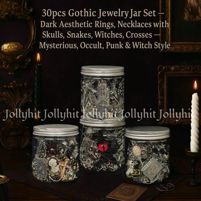Gothic Witch Mystery Jewelry Jar Set – Halloween jewelry gift，spookyseason，Dark Aesthetic Rings,fallaesthetic Necklaces & occult Earrings with Skulls, Snakes, Witches, Crosses – Punk, Occult, & creepy pasta Style