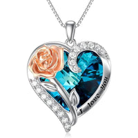 Birthstone Necklace for Women 925 Sterling Silver Rose Flower Heart Crystal Pendant Necklaces I Love You Jewelry Birthday Christmas Gifts for Women Her Girlfriend