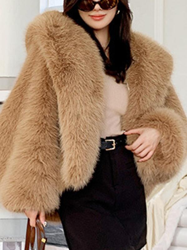 Women's Solid Color Hooded Faux Fur Coat, Casual Long Sleeve Thermal Outerwear for Fall & Winter, Women's Clothing for Daily Wear, Womenswear