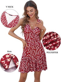 FENSACE Women's Summer Sleeveless Sexy Wrap V Neck Floral Sundress Mini Dress