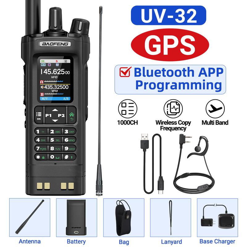 1/2PCS BAOFENG UV32 GPS Ham Radio Walkie Talkie 10W APP Programming Wireless Copy Frequency Rechargeable uv32 Multi Band 2500mAh UV-32 uv-32 Type-C AM FM NOAA Radio