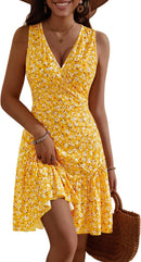 FENSACE Women's Summer Sleeveless Sexy Wrap V Neck Floral Sundress Mini Dress