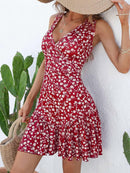 FENSACE Women's Summer Sleeveless Sexy Wrap V Neck Floral Sundress Mini Dress