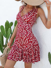 FENSACE Women's Summer Sleeveless Sexy Wrap V Neck Floral Sundress Mini Dress