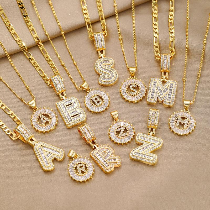 [LeBijouLab] 2 Pieces Initial Letter Necklace Set with Zirconia Stones, Golden & Silver Bubble Initial Necklaces for Women, Birthday Gifts Anniversary Gift Initial Letter Alphabet Necklace