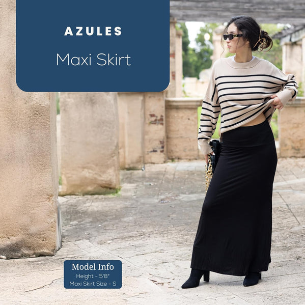 Azules Women's Maxi Skirt: Elegant, Soft, Stretchy Flowy Rayon Boho, High Waist Fold Over – Versatile for Any Occasion.