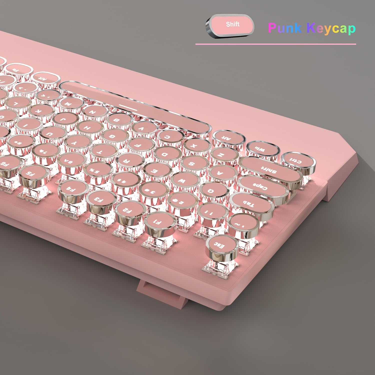 Typewriter Mechanical Gaming Keyboard and Mouse Combo, Retro Punk Round Keycaps RGB Rainbow Backlit Wired Keyboard for Game and Office, for Windows Laptop PC, Red Switches(Pink)
