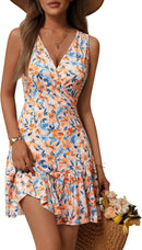 FENSACE Women's Summer Sleeveless Sexy Wrap V Neck Floral Sundress Mini Dress