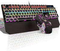 Typewriter Mechanical Gaming Keyboard and Mouse Combo, Retro Punk Round Keycaps RGB Rainbow Backlit Wired Keyboard for Game and Office, for Windows Laptop PC, Red Switches(Pink)