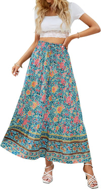 ZESICA Women's 2025 Summer Bohemian Floral Printed Elastic Waist A Line Maxi Skirt with Pockets