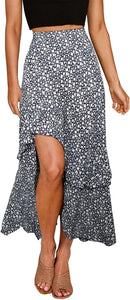BTFBM Women 2025 Summer Fall Boho Long Skirts Dress Floral Print Elastic Waist Split Ruffle High Low Beach Maxi Skirt