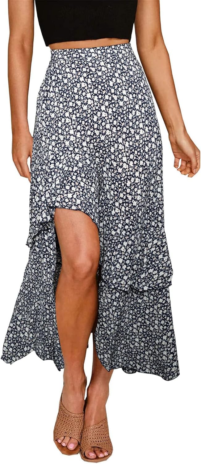 BTFBM Women 2025 Summer Fall Boho Long Skirts Dress Floral Print Elastic Waist Split Ruffle High Low Beach Maxi Skirt