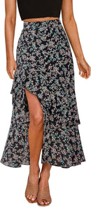 BTFBM Women 2025 Summer Fall Boho Long Skirts Dress Floral Print Elastic Waist Split Ruffle High Low Beach Maxi Skirt