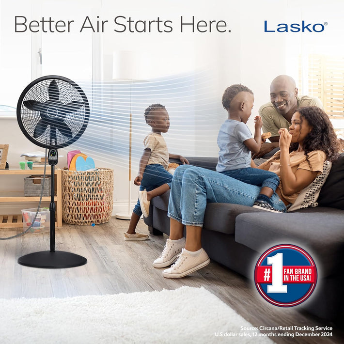 Lasko Oscillating Cyclone Pedestal Fan, Adjustable Height, Timer, Remote Control, 3 Speeds, for Bedroom, Living Room, Home Office, 18", Black, 1843