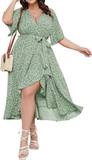 SCOMCHIC Women Plus Size Maxi Dress Short Sleeve Wrap V Neck High Low Split Ruffle Long Dress